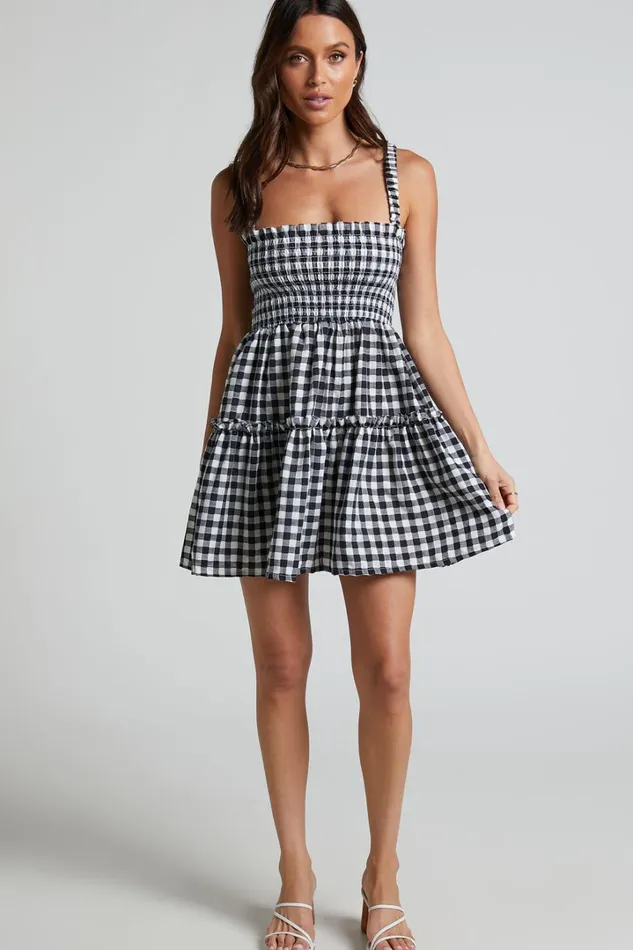 Wilda Mini Dress 8211 Shirred Tiered Dress In Black And White Check Women Showpo Curve Clothes