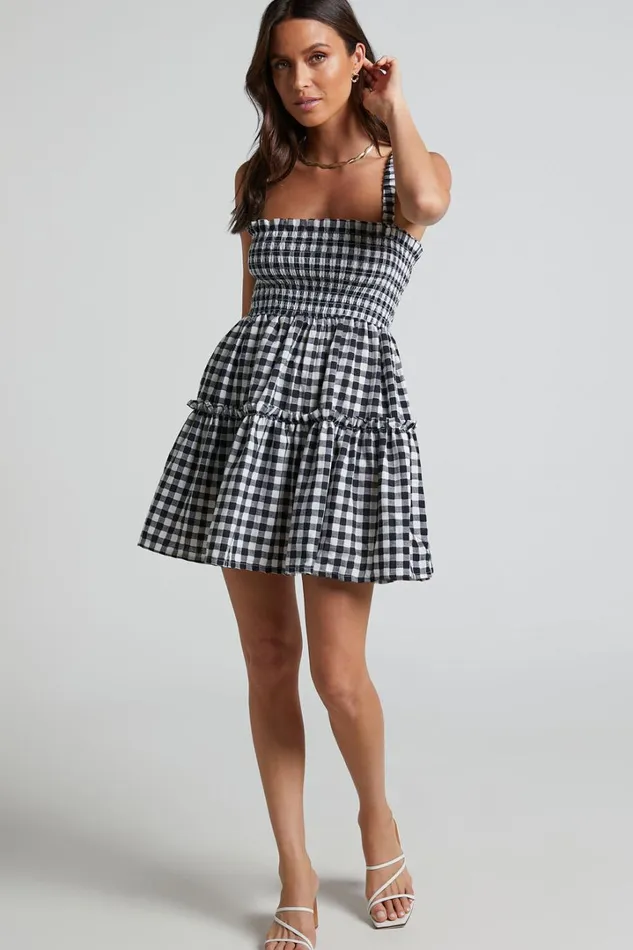 Wilda Mini Dress 8211 Shirred Tiered Dress In Black And White Check Women Showpo Curve Clothes