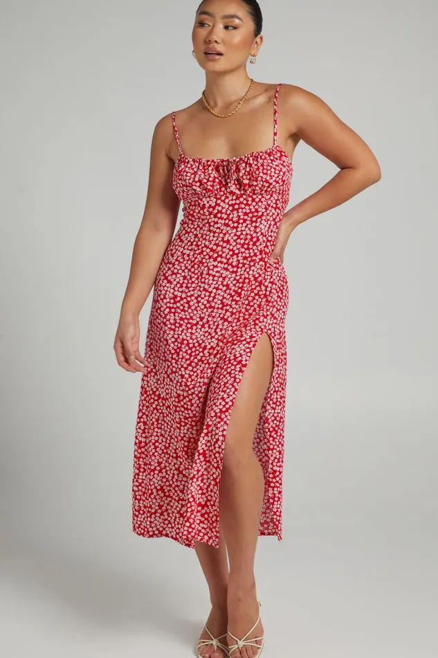 Willa Midi Dress 8211 Ruched Bust Thigh Split Dress In Red Floral Women Showpo Curve Clothes