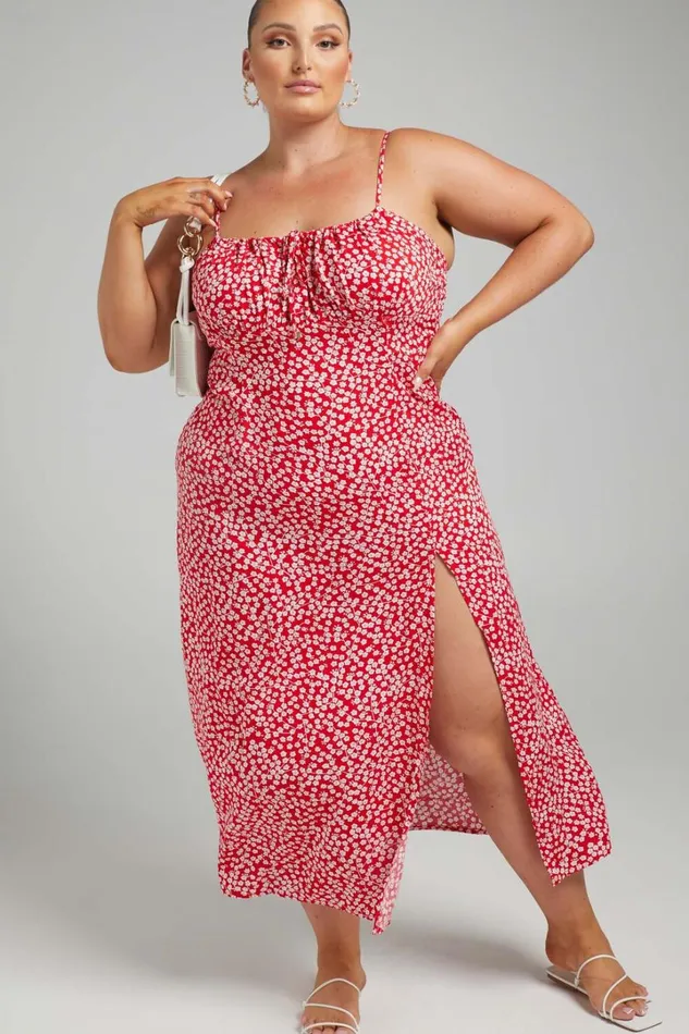 Willa Midi Dress 8211 Ruched Bust Thigh Split Dress In Red Floral Women Showpo Curve Clothes