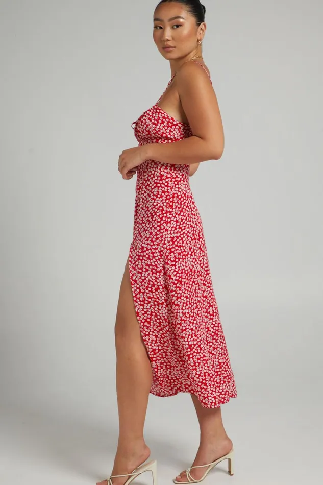 Willa Midi Dress 8211 Ruched Bust Thigh Split Dress In Red Floral Women Showpo Curve Clothes