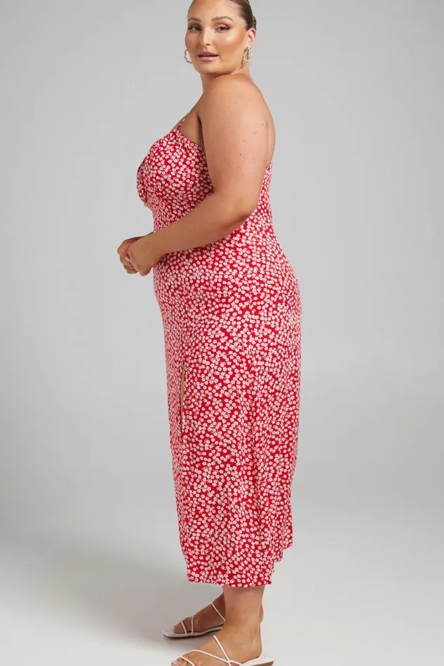 Willa Midi Dress 8211 Ruched Bust Thigh Split Dress In Red Floral Women Showpo Curve Clothes