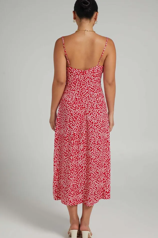 Willa Midi Dress 8211 Ruched Bust Thigh Split Dress In Red Floral Women Showpo Curve Clothes