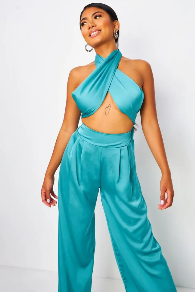 Women 2 Piece CoOrd Satin Set Wrap Top With Halter Neck Trousers In BlueGreen Blue Brentiny Paris Satin Tops