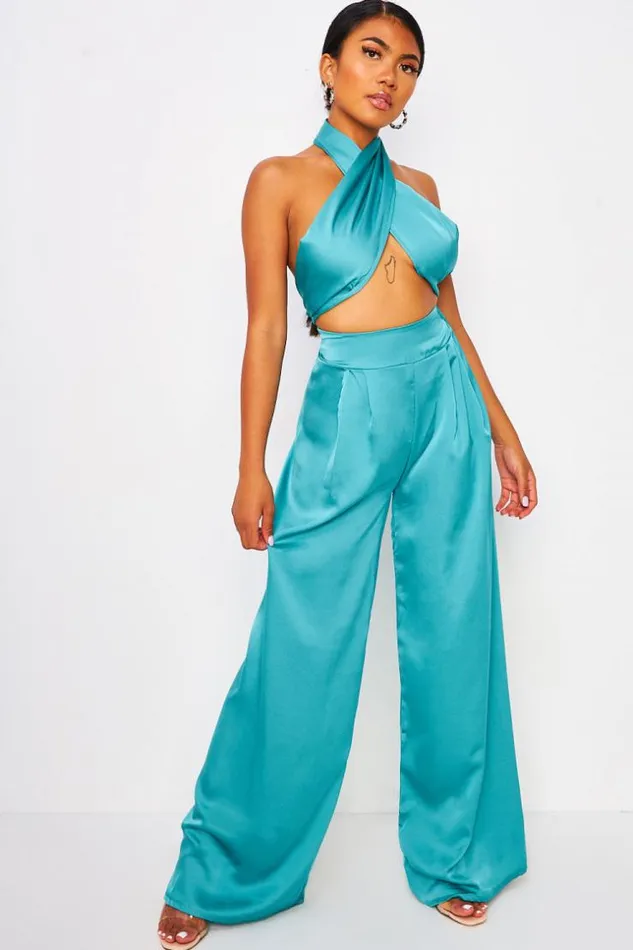 Women 2 Piece CoOrd Satin Set Wrap Top With Halter Neck Trousers In BlueGreen Blue Brentiny Paris Satin Tops