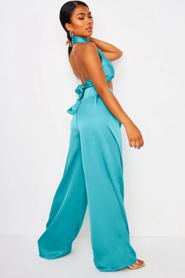 Women 2 Piece CoOrd Satin Set Wrap Top With Halter Neck Trousers In BlueGreen Blue Brentiny Paris Satin Tops