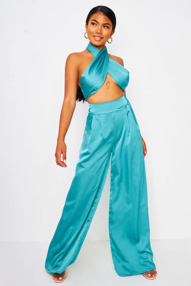 Women 2 Piece CoOrd Satin Set Wrap Top With Halter Neck Trousers In BlueGreen Blue Brentiny Paris Satin Tops