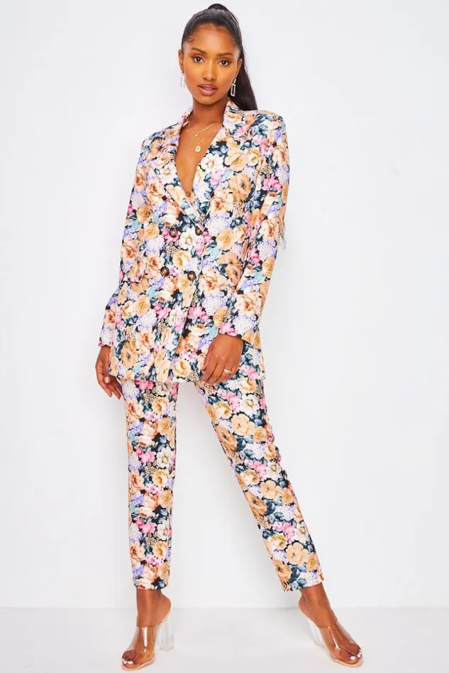 Women 2 Piece CoOrd Set Blazer Trousers With Floral Print In Dark Beige Beige Brentiny Paris Pants
