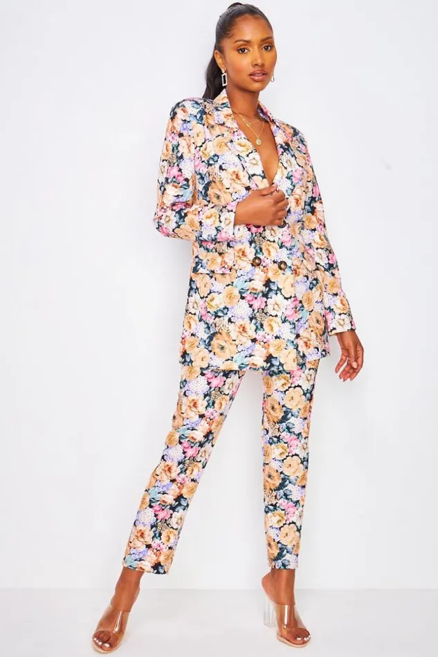 Women 2 Piece CoOrd Set Blazer Trousers With Floral Print In Dark Beige Beige Brentiny Paris Pants