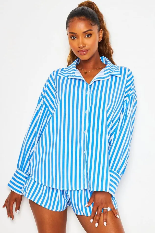 Women 2 Piece CoOrd Set Shirt Shorts In Vertical Blue And White Stripe Blue Brentiny Paris Shirts and Blouses Women 2 Piece CoOrd Set Shirt Shorts In Vertical Blue And White Stripe Blue Brentiny Paris Shirts and Blouses