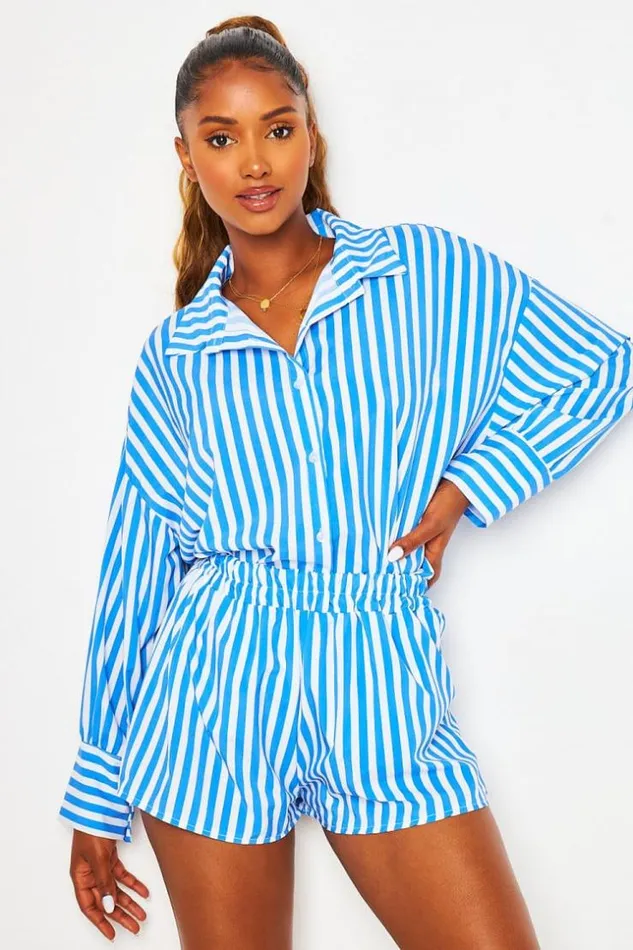 Women 2 Piece CoOrd Set Shirt Shorts In Vertical Blue And White Stripe Blue Brentiny Paris Shirts and Blouses