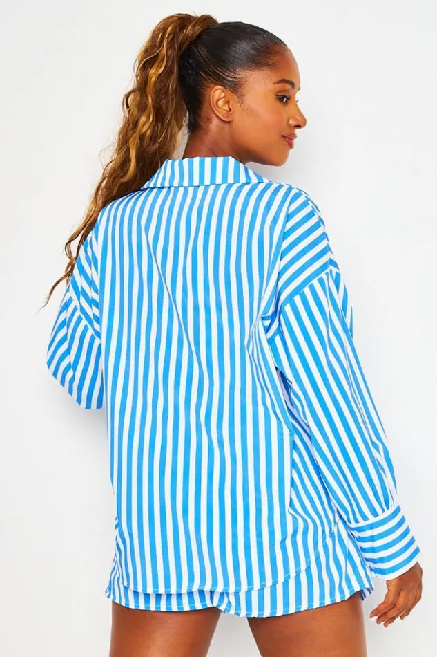 Women 2 Piece CoOrd Set Shirt Shorts In Vertical Blue And White Stripe Blue Brentiny Paris Shirts and Blouses