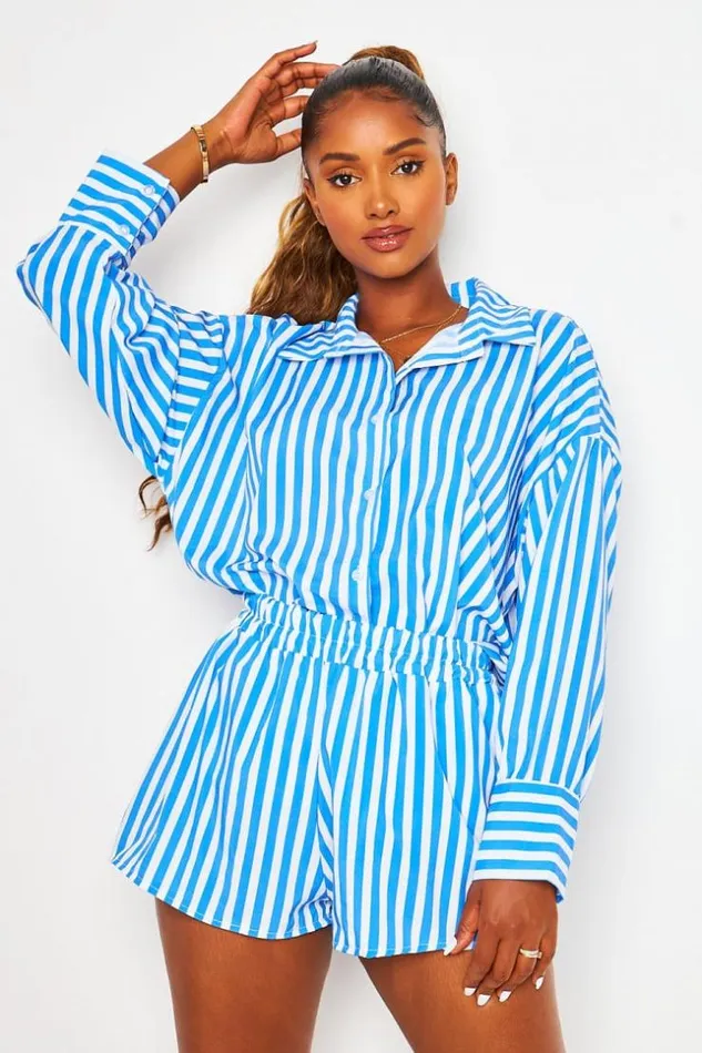 Women 2 Piece CoOrd Set Shirt Shorts In Vertical Blue And White Stripe Blue Brentiny Paris Shirts and Blouses