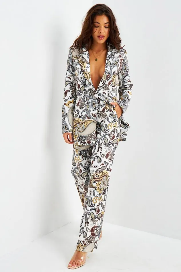 Women 2 Piece CoOrd Set Suit Blazer Belted Trousers In White Paisley Print White Brentiny Paris Pants