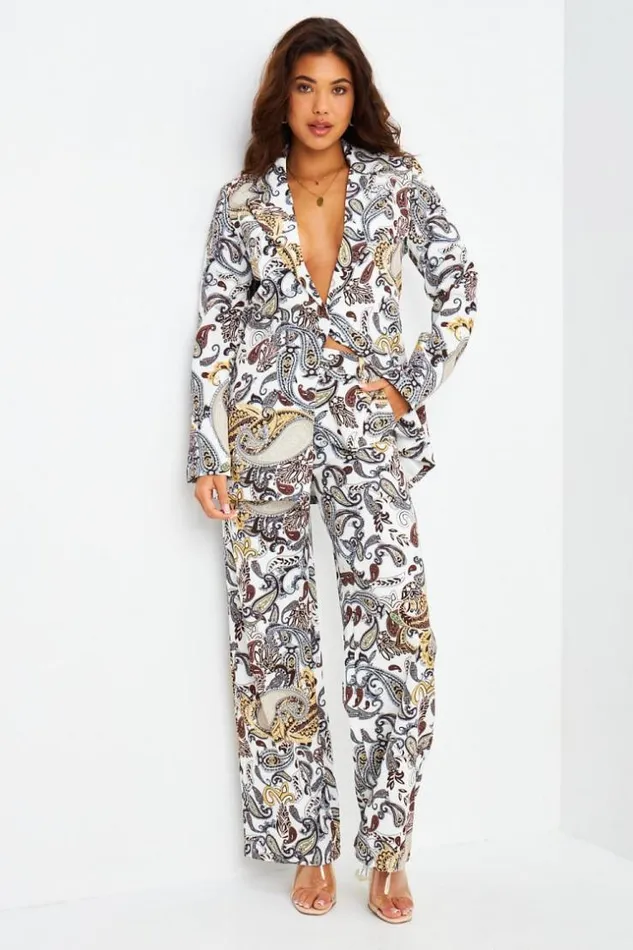 Women 2 Piece CoOrd Set Suit Blazer Belted Trousers In White Paisley Print White Brentiny Paris Pants