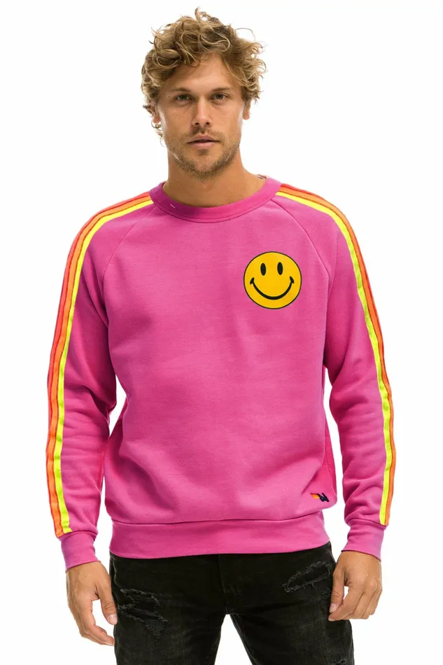 Women 5 STRIPE SMILEY 2 CREW SWEATSHIRT 8211 PARIS PINK NEON RAINBOW Aviator Nation UnisexCrewSweatshirt