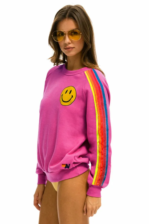 Women 5 STRIPE SMILEY 2 CREW SWEATSHIRT 8211 PARIS PINK NEON RAINBOW Aviator Nation UnisexCrewSweatshirt