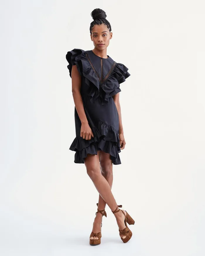 Women 7 For All Mankind Dresses 038 Jumpsuits Ruffle Dress With Lace Trim In Jet Black