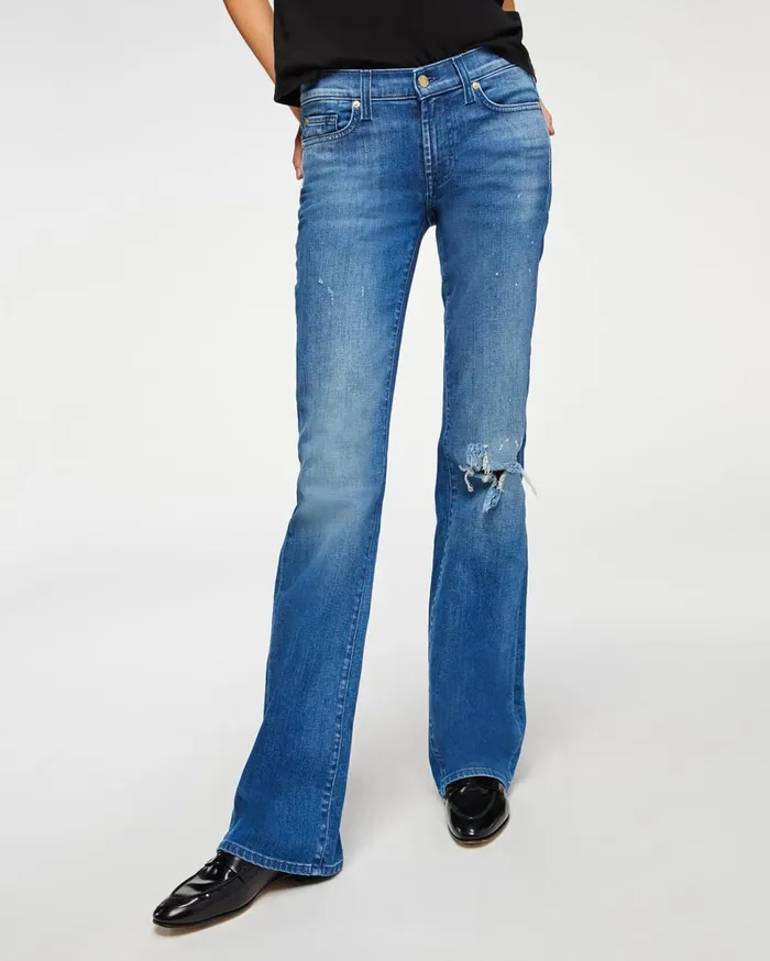 Women 7 For All Mankind Full Length 080 Original Bootcut In Aphrodite Blue With Destroy