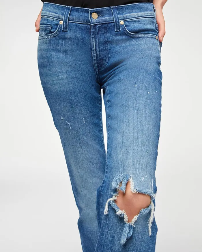 Women 7 For All Mankind Full Length 080 Original Bootcut In Aphrodite Blue With Destroy