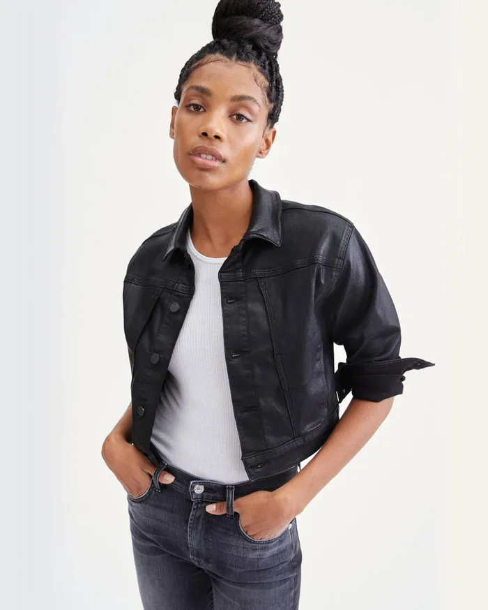 Women 7 For All Mankind Jackets 038 Coats Coated Triple Needle Slant Pocket Jacket In Black