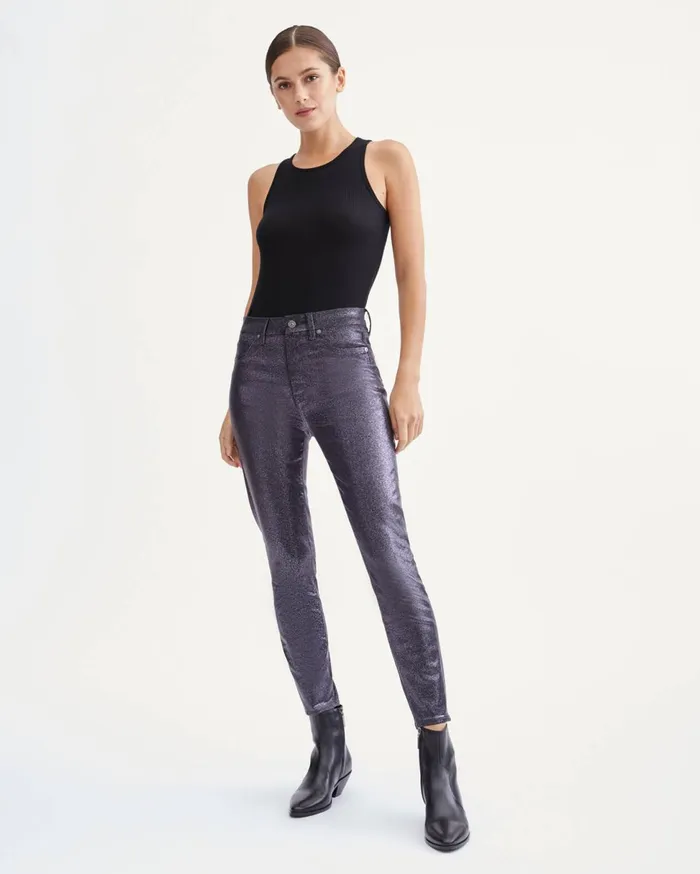 Women 7 For All Mankind Pants Coated High Waist Ankle Skinny With Faux Pockets In Sparkle