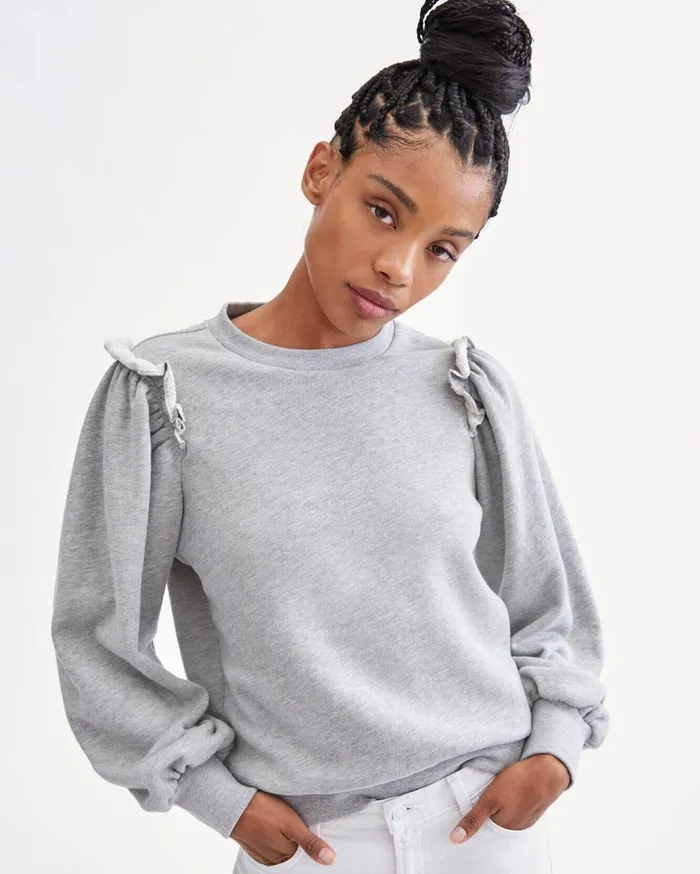 Women 7 For All Mankind Sweaters Exposed Ruffle Shoulder Sweater In Heather Charcoal