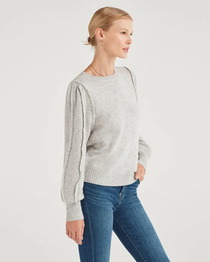 Women 7 For All Mankind Sweaters Merino Wool And Cashmere Fringe Sleeve Pullover In Heather Grey