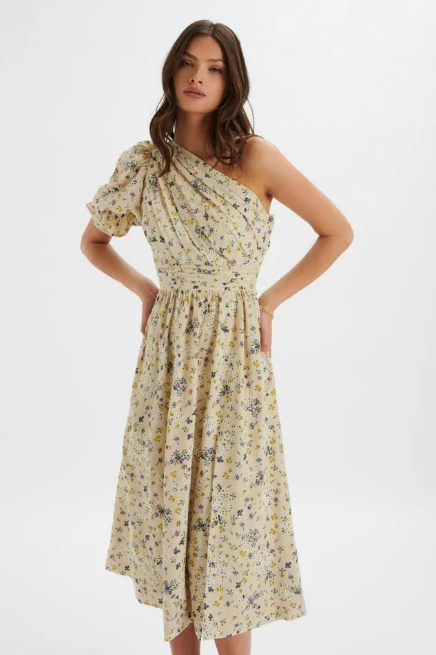 Women ALine Dresses Lavish Alice POLLY One Shoulder Puff Sleeve Midi Dress In Floral Broidery Floral Broidery