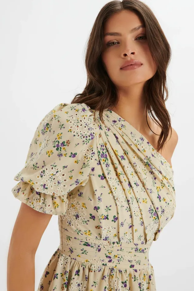 Women ALine Dresses Lavish Alice POLLY One Shoulder Puff Sleeve Midi Dress In Floral Broidery Floral Broidery