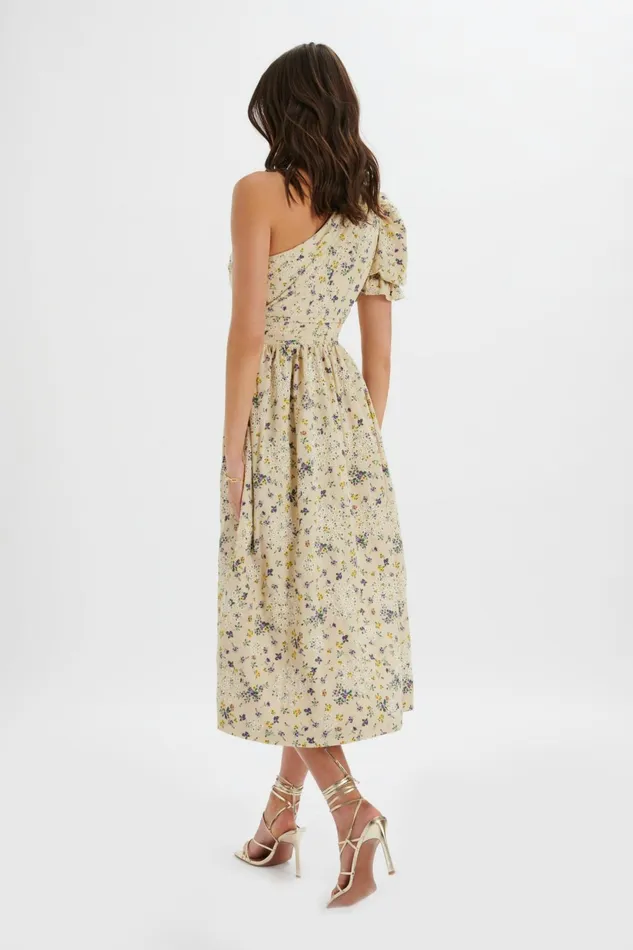 Women ALine Dresses Lavish Alice POLLY One Shoulder Puff Sleeve Midi Dress In Floral Broidery Floral Broidery