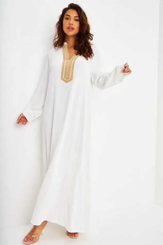 Women Abaya Blanche Dcollet V Broderie Dore White Brentiny Paris Collection Ramadan