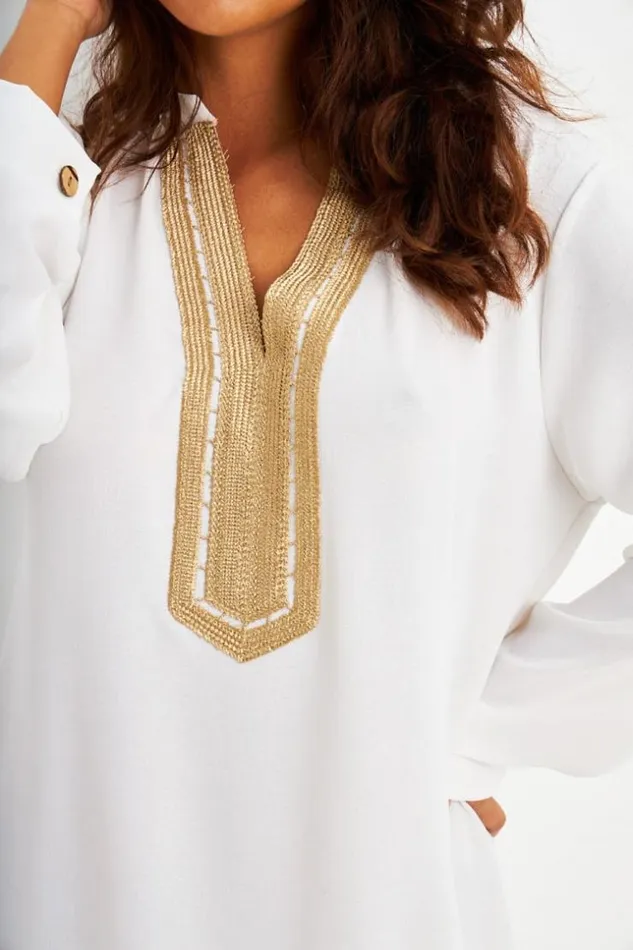 Women Abaya Blanche Dcollet V Broderie Dore White Brentiny Paris Collection Ramadan