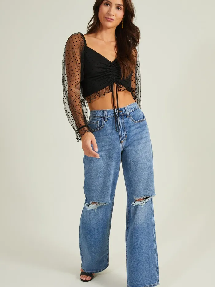 Women Altar039d State Blouses Daisy Cinched Mesh Top Black