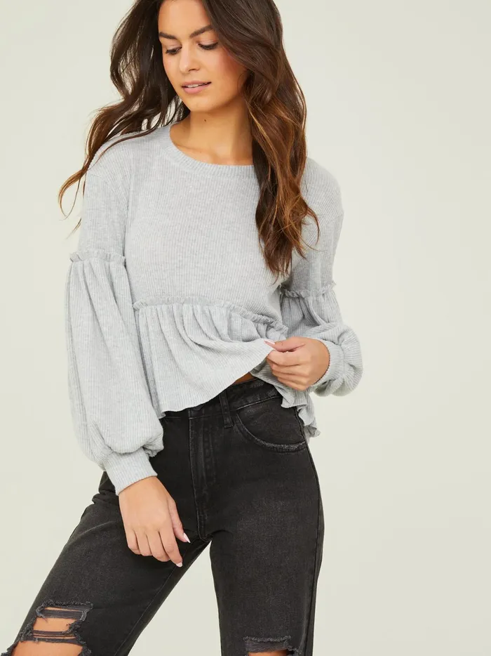 Women Altar039d State Blouses Mabel Ribbed Babydoll Top Heathergrey