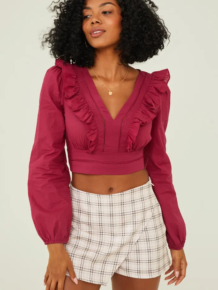 Women Altar039d State Blouses Romy Ruffle VNeck Top Wine