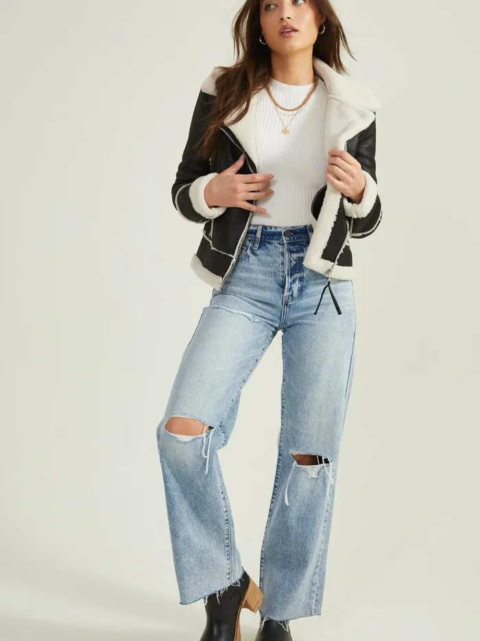 Women Altar039d State Jackets Lyric Sherpa Trim Moto Jacket Blackwhite
