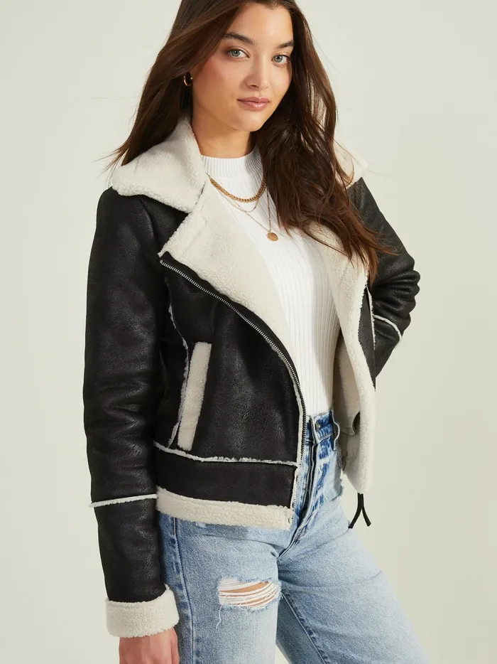 Women Altar039d State Jackets Lyric Sherpa Trim Moto Jacket Blackwhite