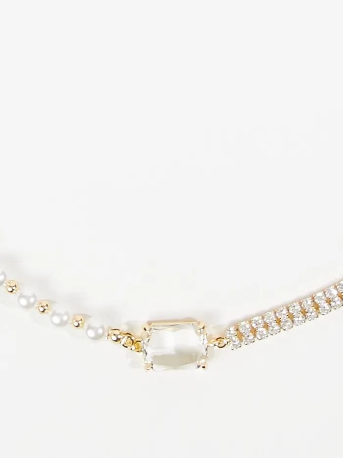 Women Altar039d State Jewelry Pearl Crystal Dual Choker Necklace Gold