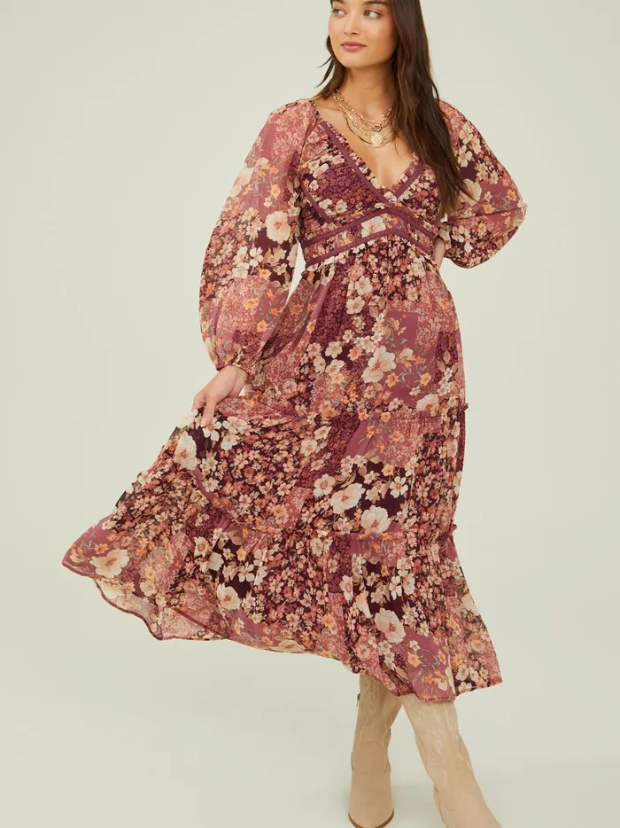 Women Altar039d State Maxi Midi Billy Patchwork Floral Maxi Dress Burgundymulti