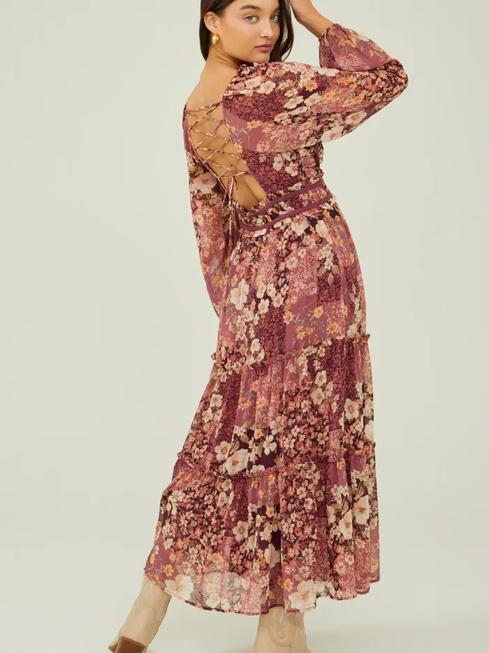 Women Altar039d State Maxi Midi Billy Patchwork Floral Maxi Dress Burgundymulti