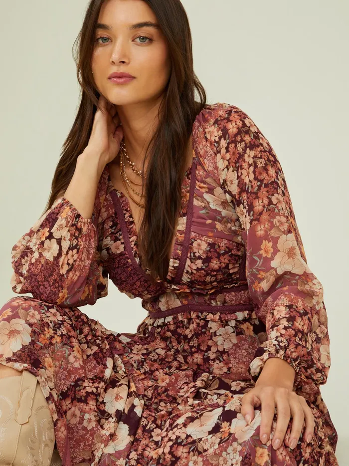 Women Altar039d State Maxi Midi Billy Patchwork Floral Maxi Dress Burgundymulti