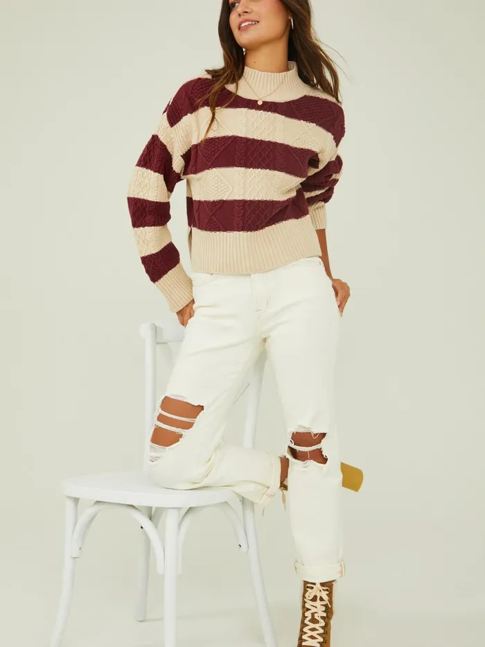 Women Altar039d State Sweaters Harley Striped Mock Neck Sweater Burgundyivory