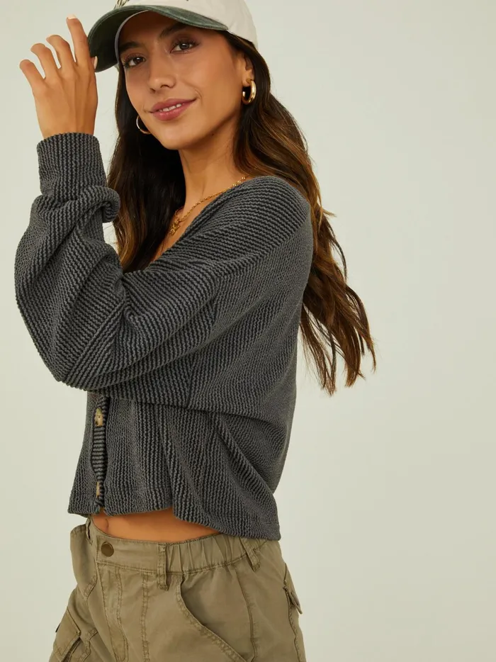 Women Altar039d State Thermals Aida Ribbed Button Down Top Charcoal