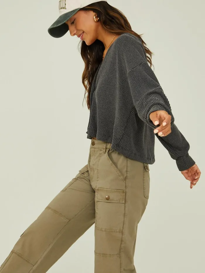 Women Altar039d State Thermals Aida Ribbed Button Down Top Charcoal