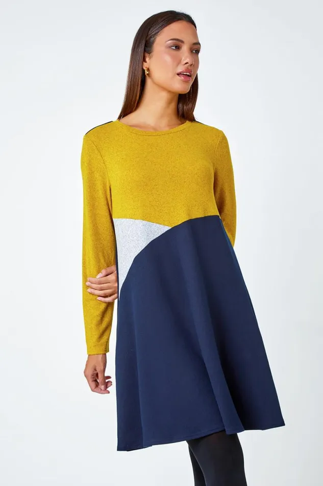 Women Amber Colour Block Swing Stretch Dress Roman Dresses