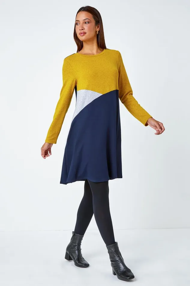 Women Amber Colour Block Swing Stretch Dress Roman Dresses