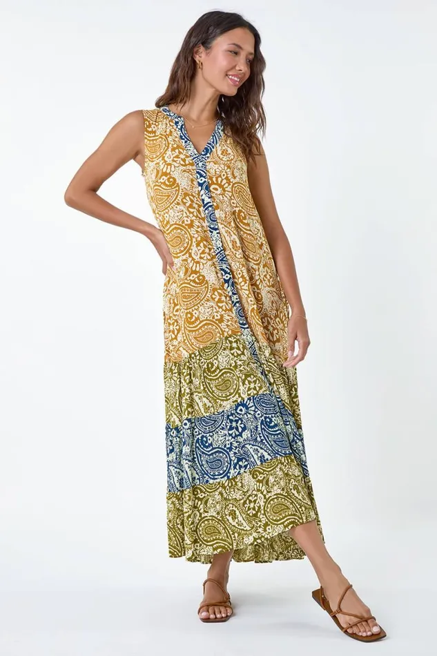 Women Amber Patchwork Print Tiered Maxi Dress Roman Dresses