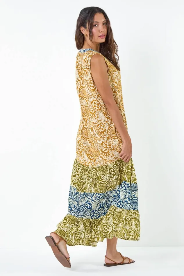 Women Amber Patchwork Print Tiered Maxi Dress Roman Dresses