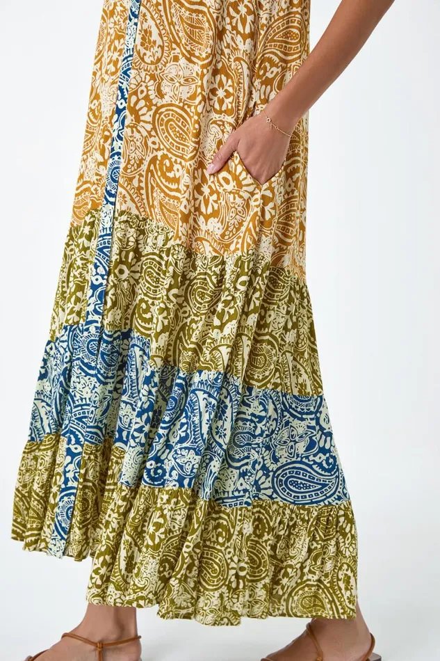Women Amber Patchwork Print Tiered Maxi Dress Roman Dresses